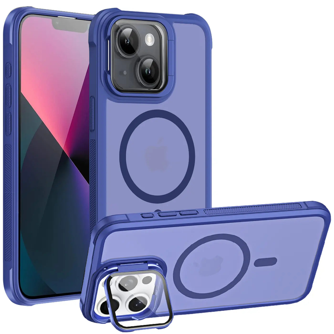 iPhone 13 Hülle, blau, transparent, MagSafe, Ständer, Kamera-Glas