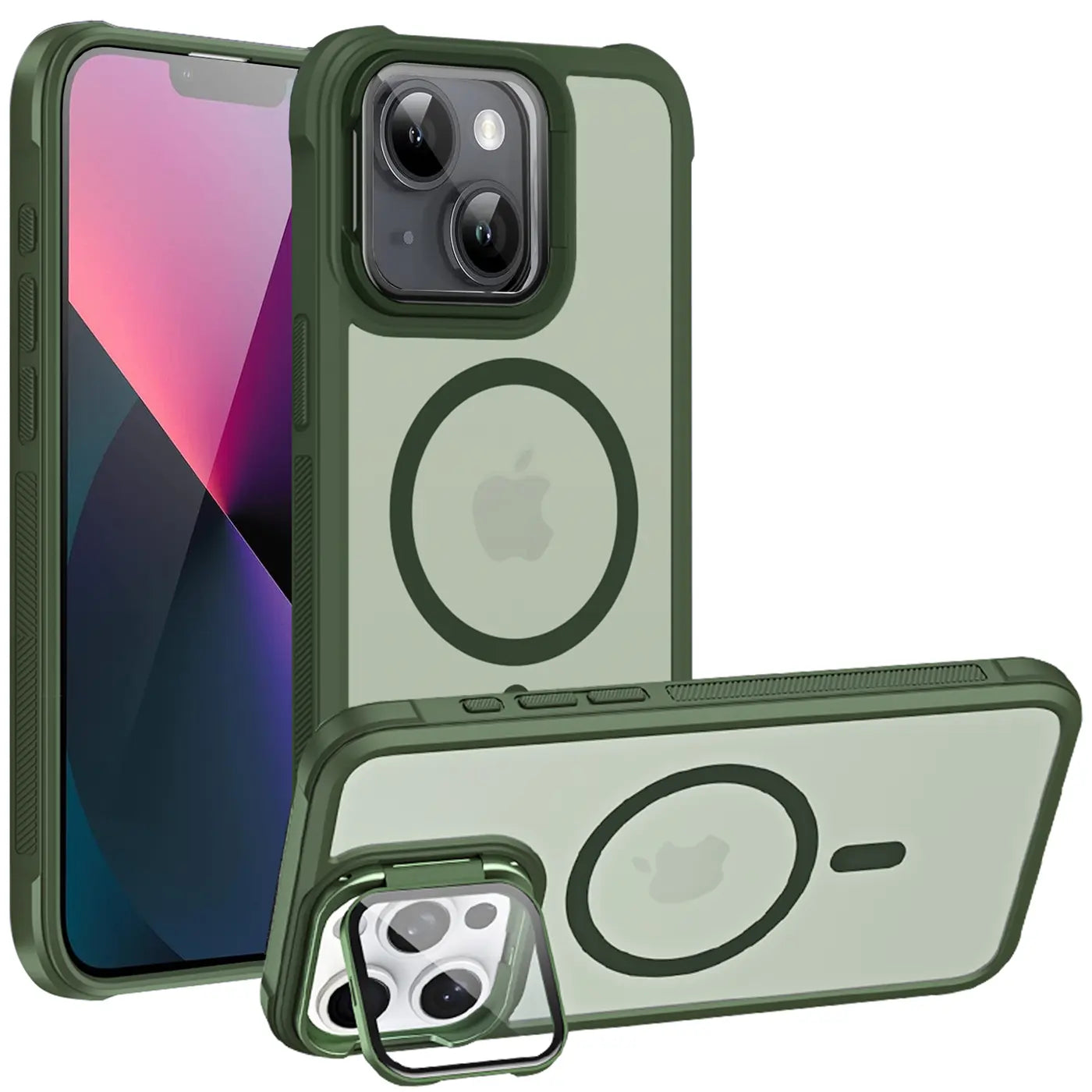 Grüne MagSafe Hülle für iPhone 13, transparent, mit Ständer.