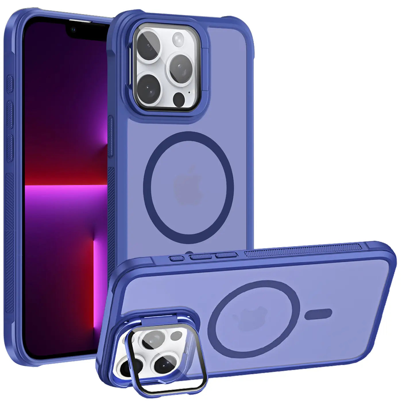 Blaue MagSafe Hülle aus Kunststoff für iPhone 13 Pro mit Kamera-Glas und Ständer.