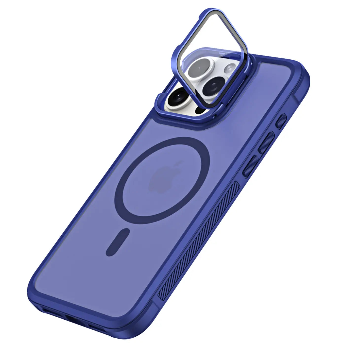 Blaue MagSafe Hülle mit Kamera-Schutz aus Kunststoff für iPhone 13 Pro Max, von oben rechts gesehen.