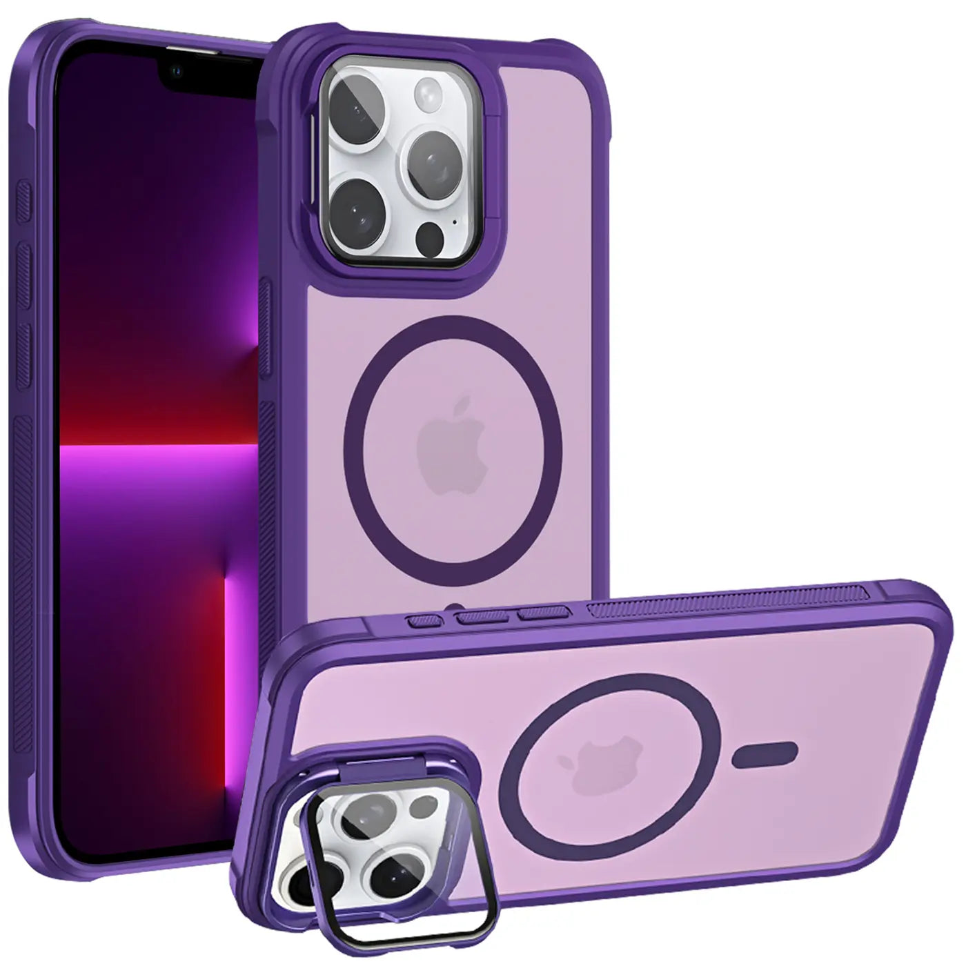 Lila MagSafe Hülle mit Ständer für iPhone 13 Pro Max, transparent, von vorne und Seite
