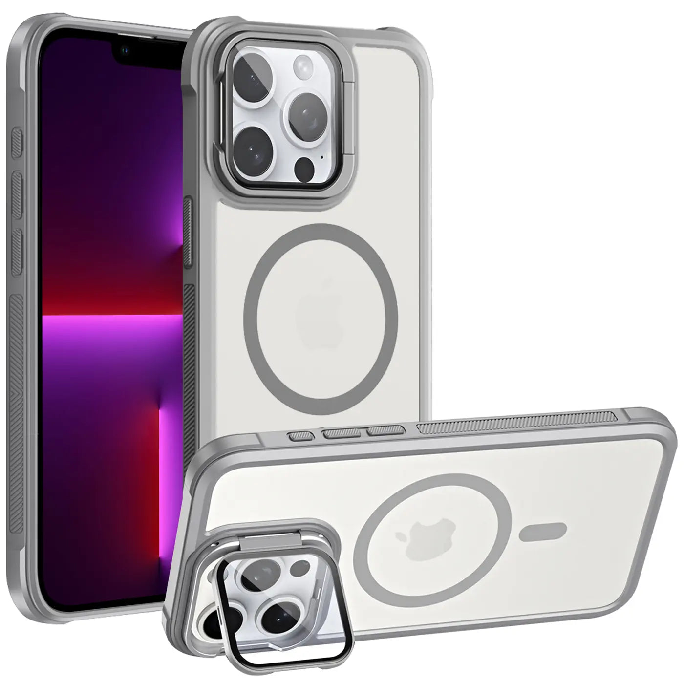 iPhone 13 Pro Max Hülle, transparent, grau, MagSafe, Ständer, Kamera-Glas