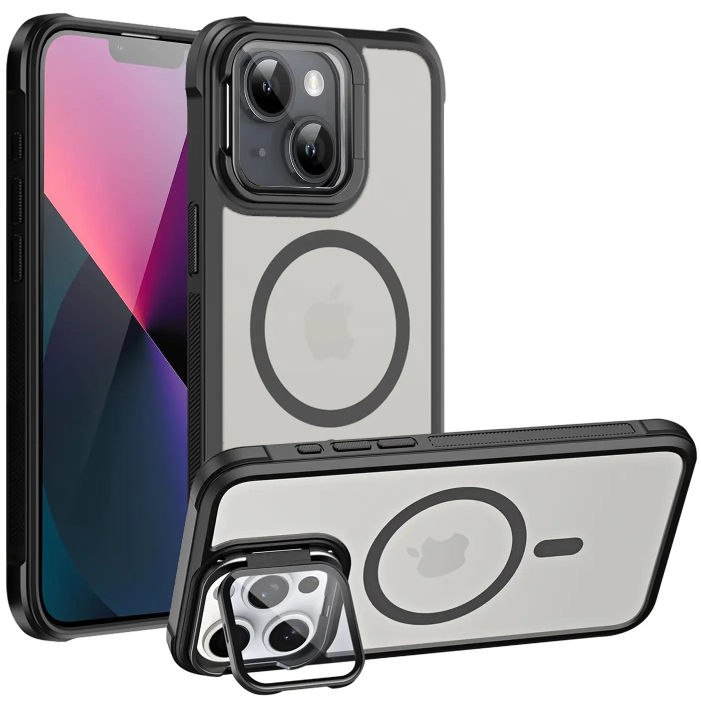iPhone 13 Hülle, transparent, schwarz, MagSafe, Ständer, Kamera-Glas