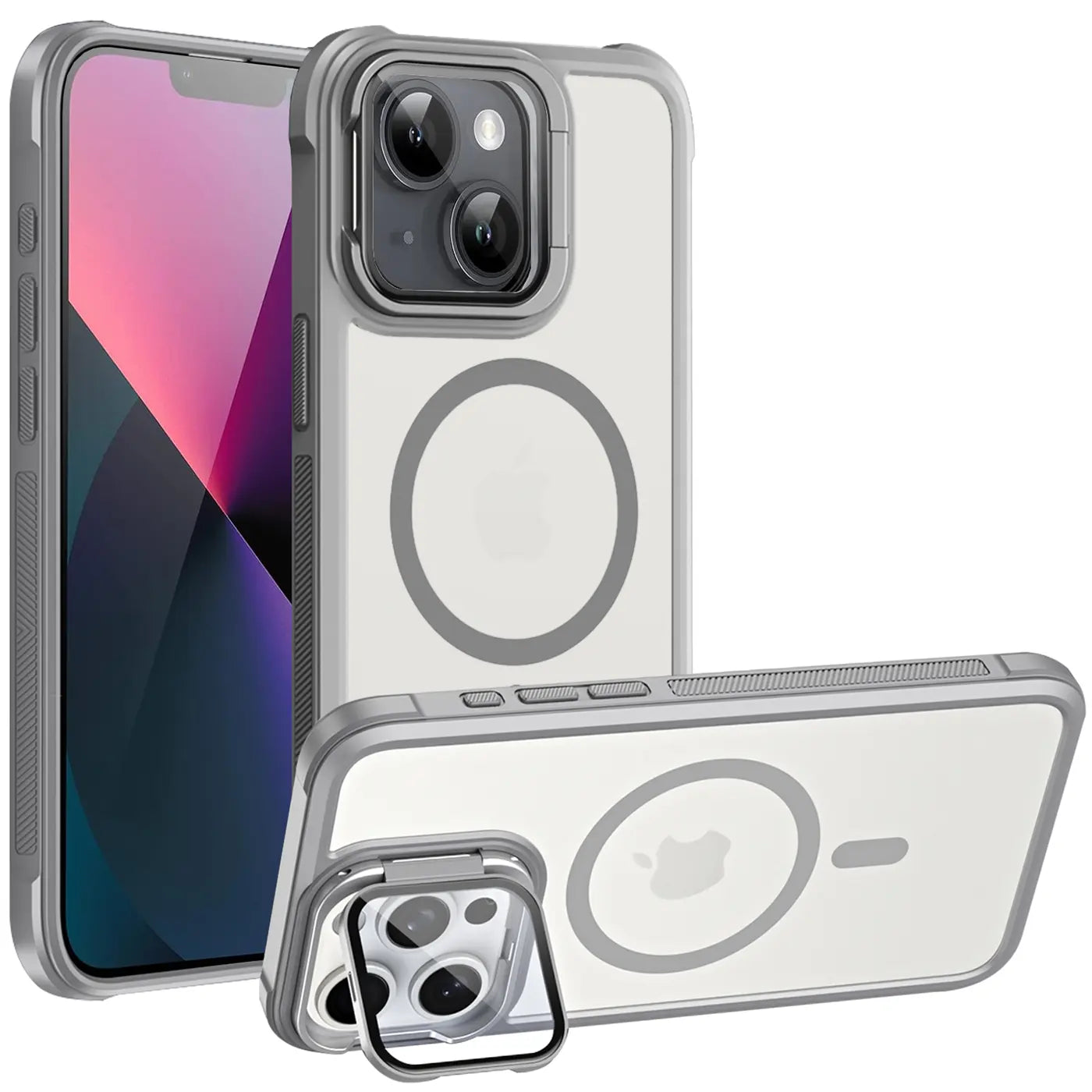 iPhone 13 Hülle, transparent, grau, MagSafe, Ständer, Kamera-Glas