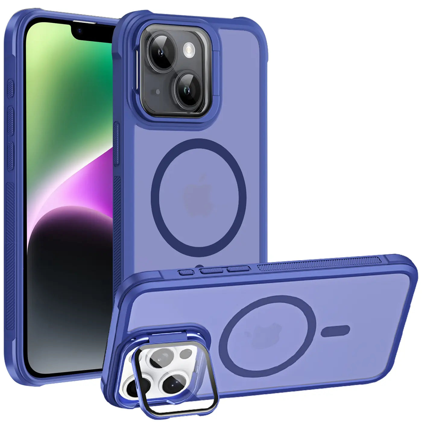 Blaue MagSafe-Hülle aus Kunststoff für iPhone 14, mit Ständer und Kamera-Glas.