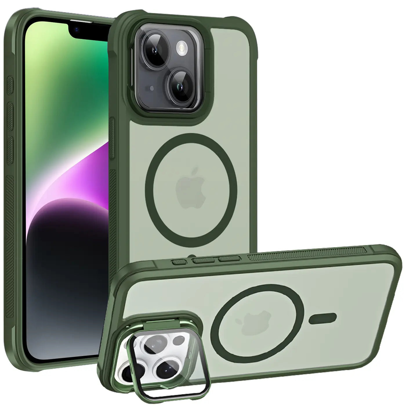 iPhone 14 Hülle, grün, transparent, MagSafe, Ständer, Kamera-Glas, von vorne