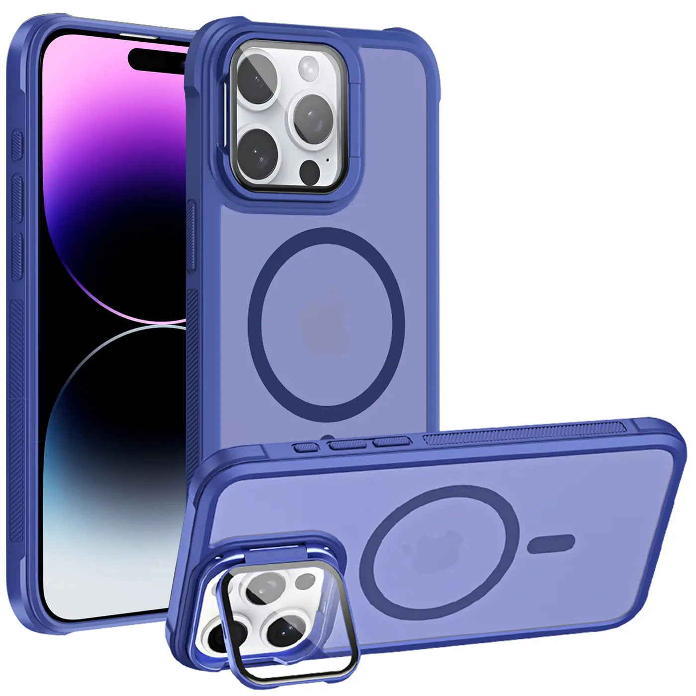 iPhone 14 Pro Hülle, blau, transparent, MagSafe, Ständer, Kamera-Glas