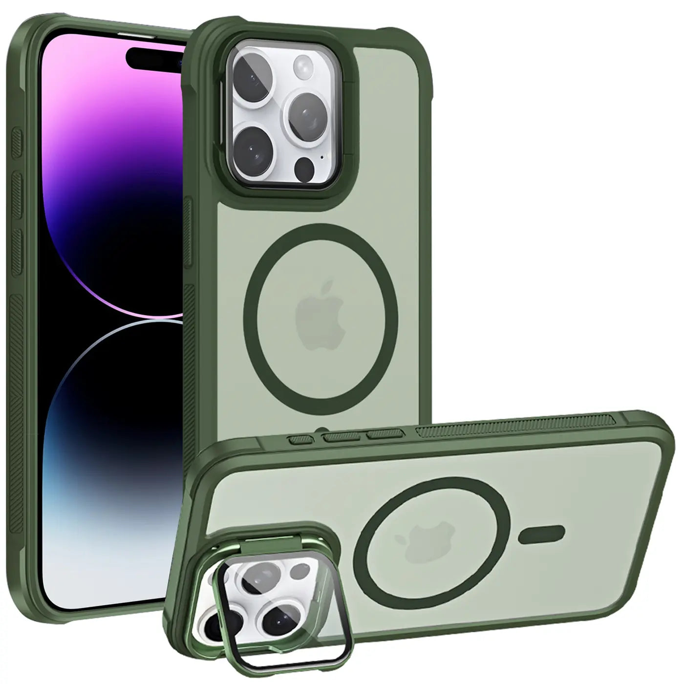 Grüne MagSafe Hülle mit Ständer für iPhone 14 Pro Max, Rückansicht, transparentes Material.