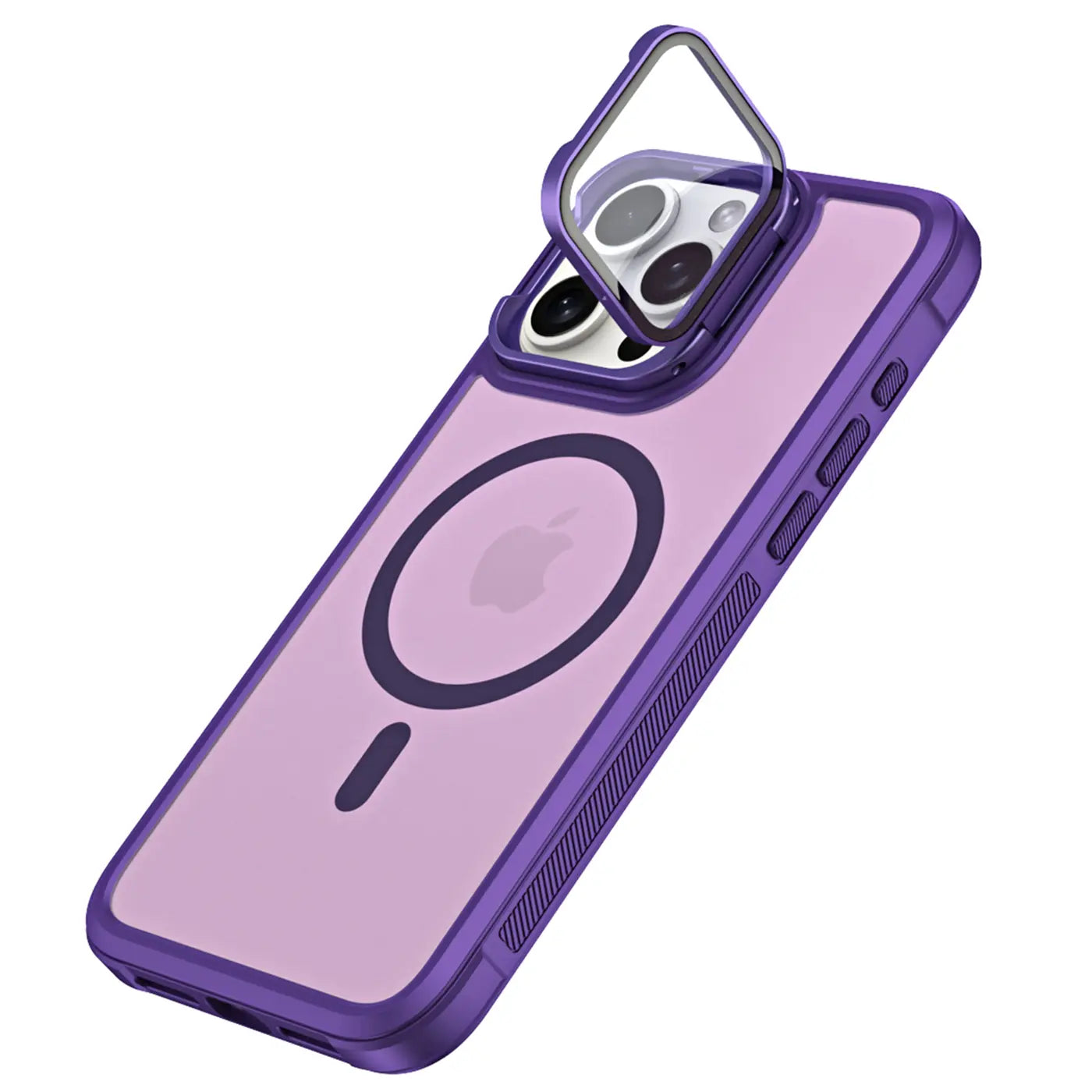 Lila MagSafe Hülle aus Kunststoff mit integriertem Kamerarahmen, zeigt iPhone 14 Pro Max.