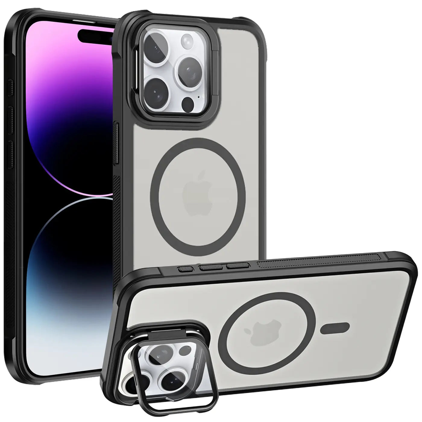 iPhone 14 Pro Max Hülle, transparent mit schwarzem Rahmen, MagSafe, Ständer, Kamera-Glas