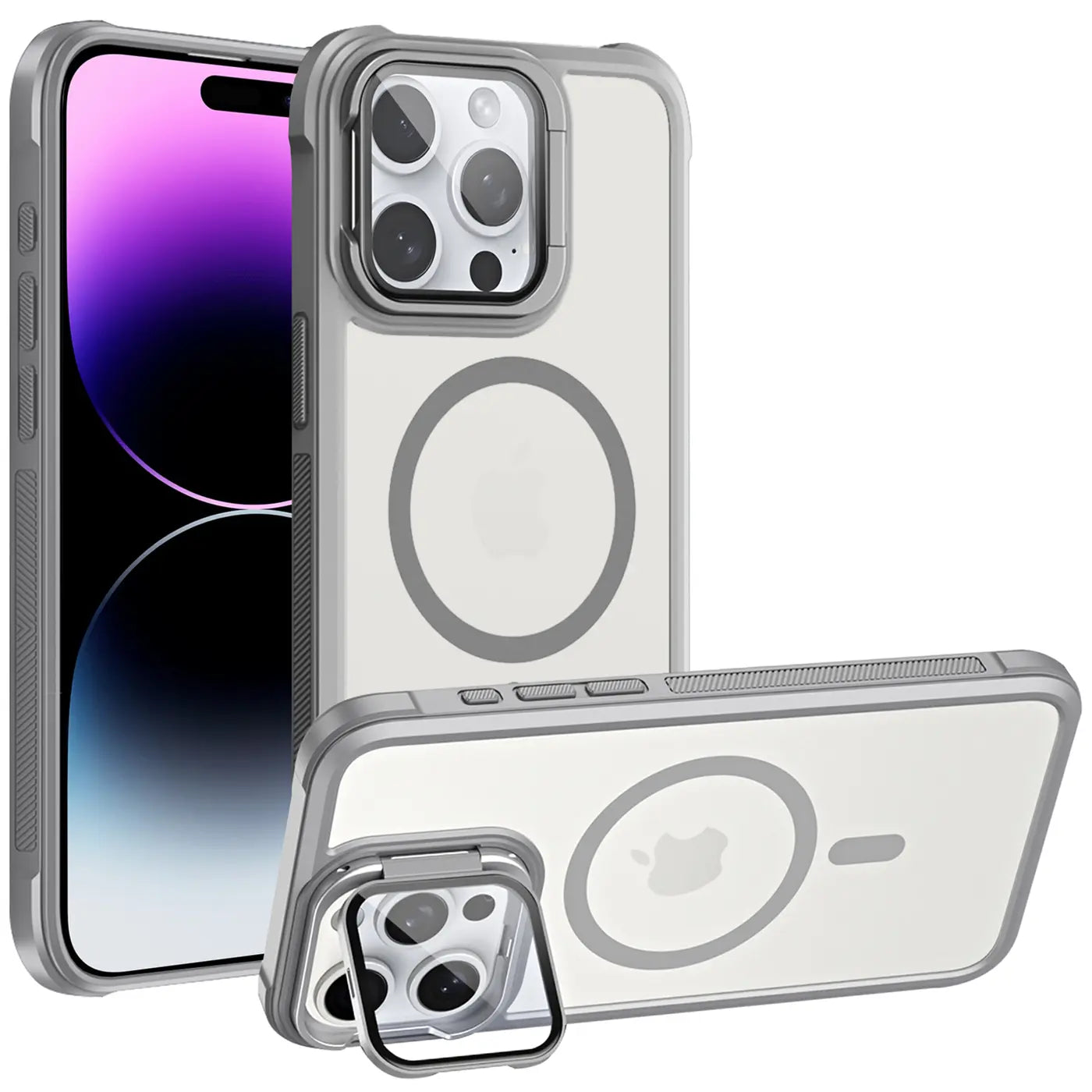 iPhone 14 Pro Max mit MagSafe Hülle, transparent, grau, mit Ständer.