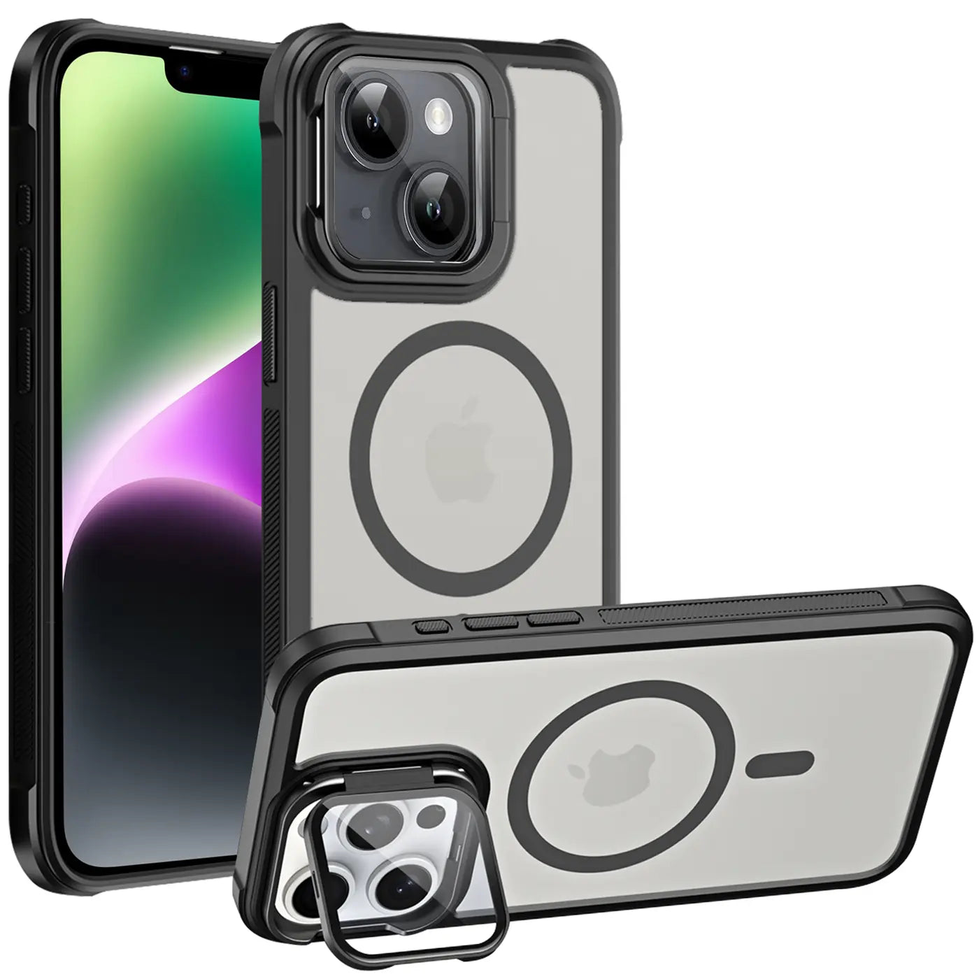 iPhone 14 Hülle, transparent, schwarz, MagSafe, Ständer, Kamera-Glas, von vorne/seitlich