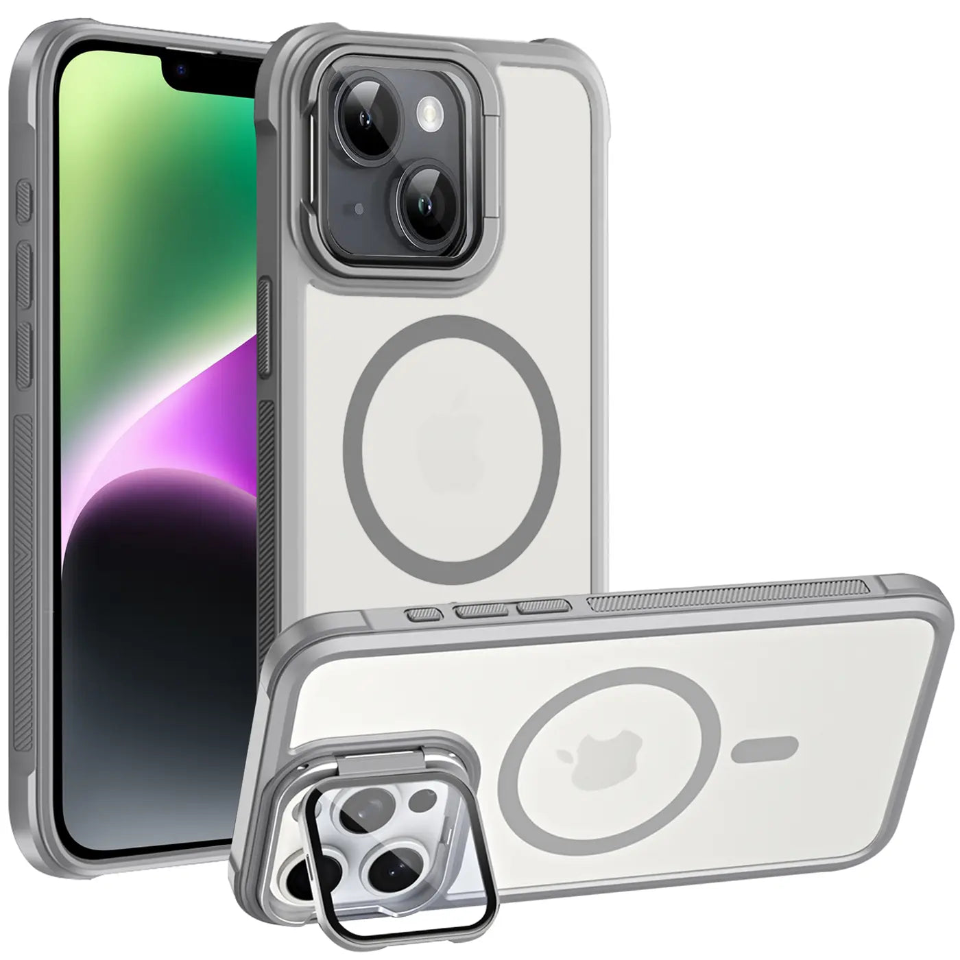 iPhone 14 Hülle, transparent, grau, MagSafe, Ständer, Kamera-Glas