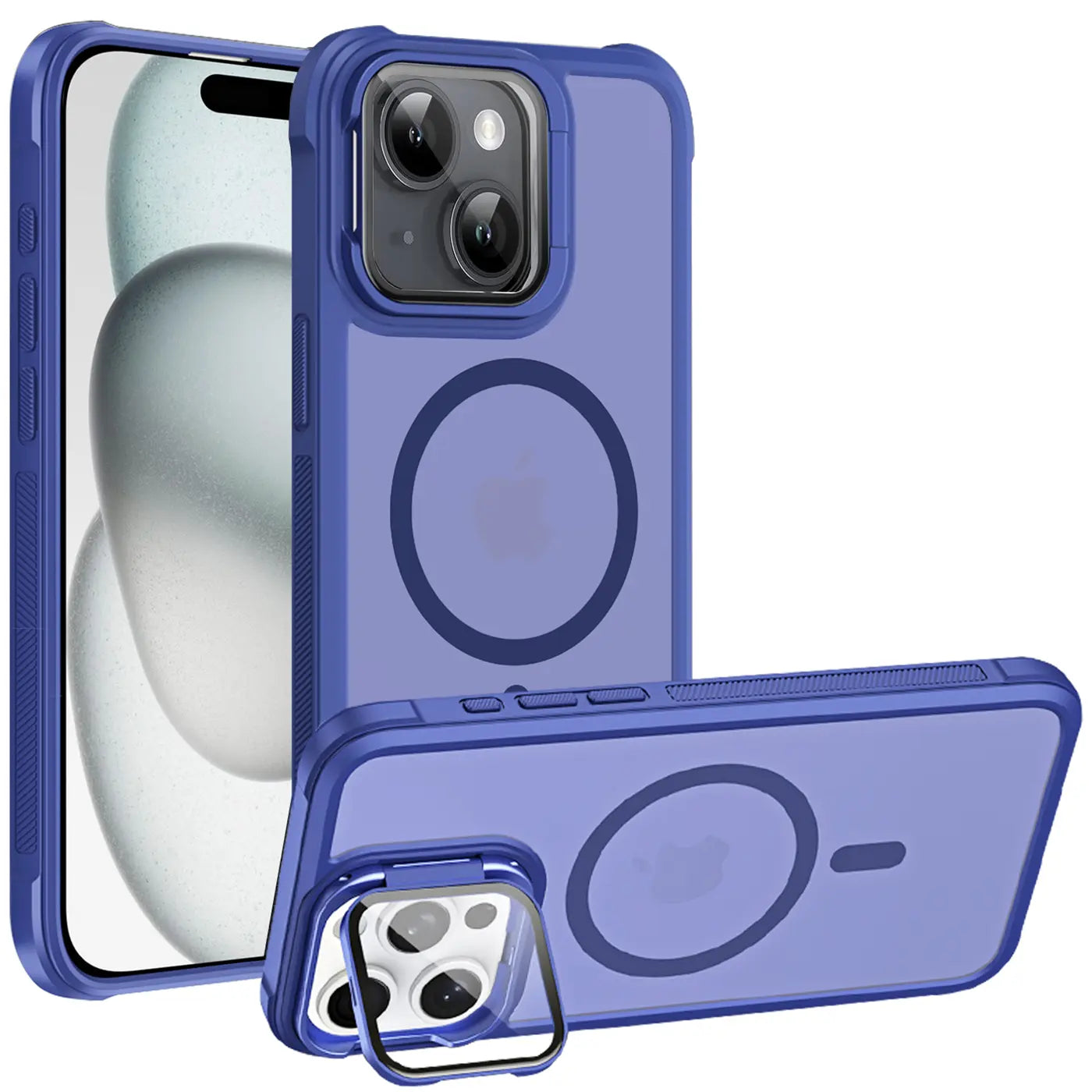 Blaue MagSafe Hülle für iPhone 15, transparent, mit Ständer, aus Kunststoff.