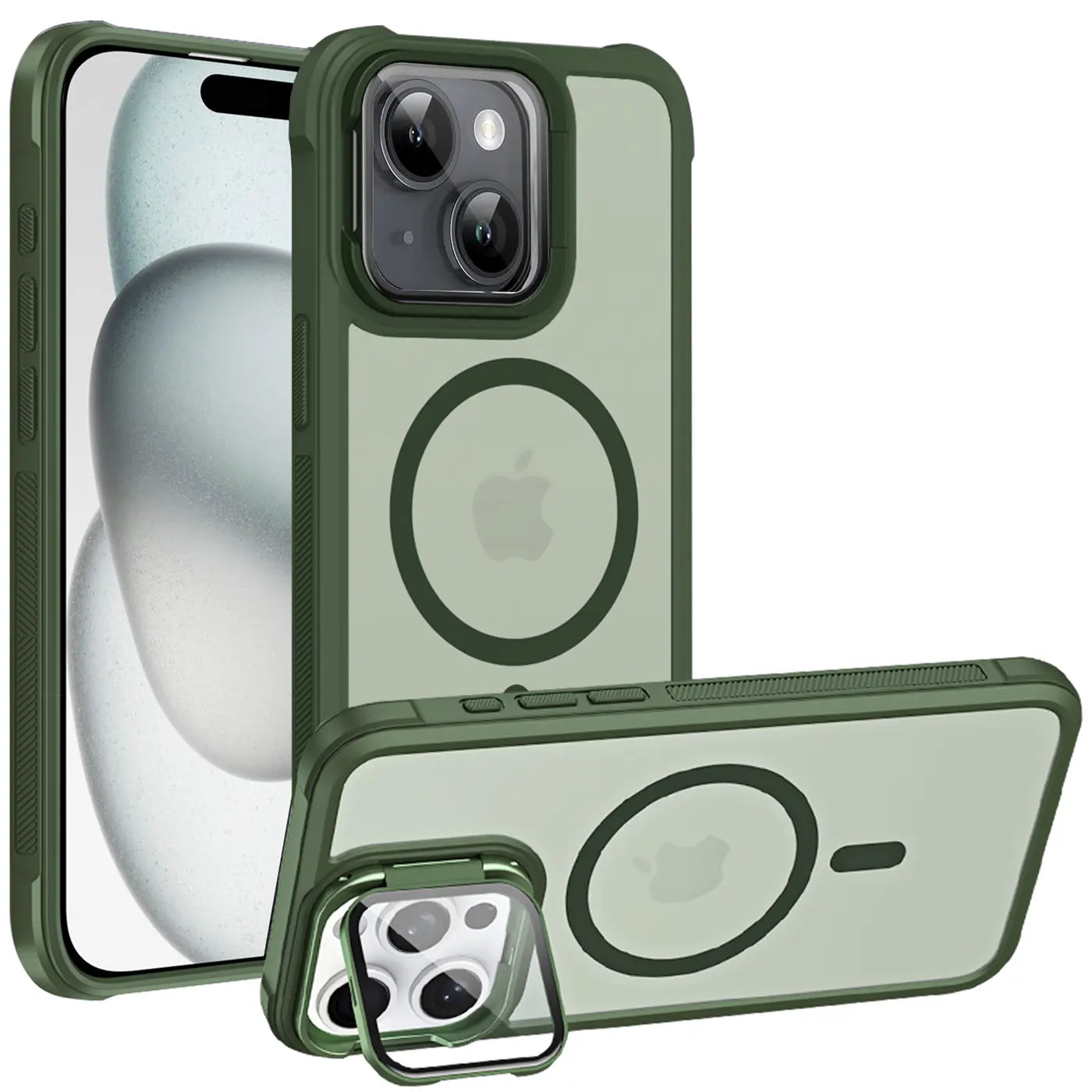Grüne MagSafe Hülle für iPhone 15, transparent, mit Ständer, aus Kunststoff.