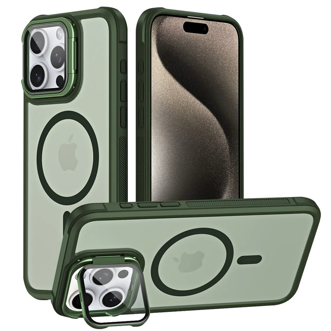 Grüne MagSafe Hülle aus Kunststoff für iPhone 15, mit Kamera-Glas und Ständer.