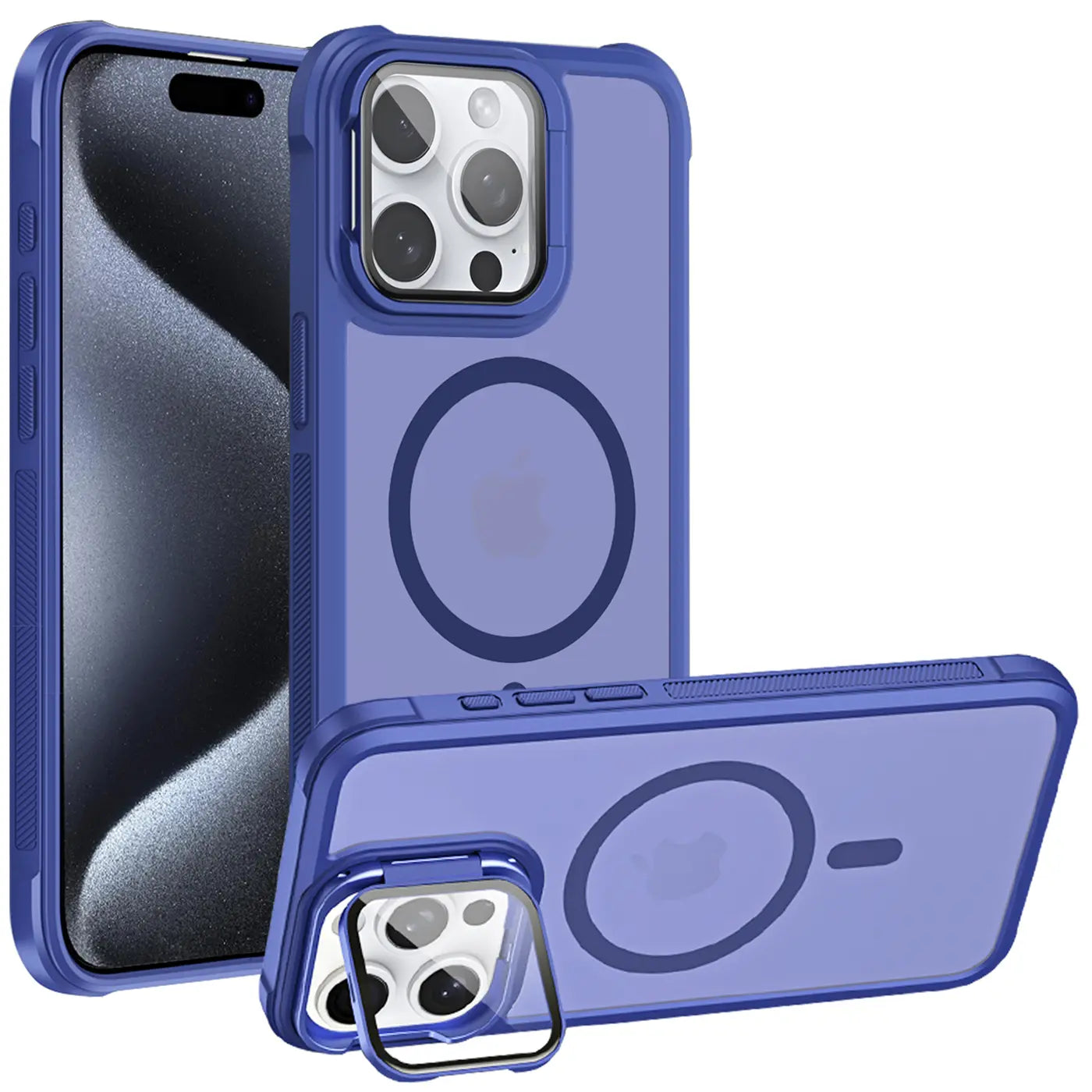Blaue MagSafe Hülle mit Ständer für iPhone 15 Pro, transparent, Kunststoff, von vorne