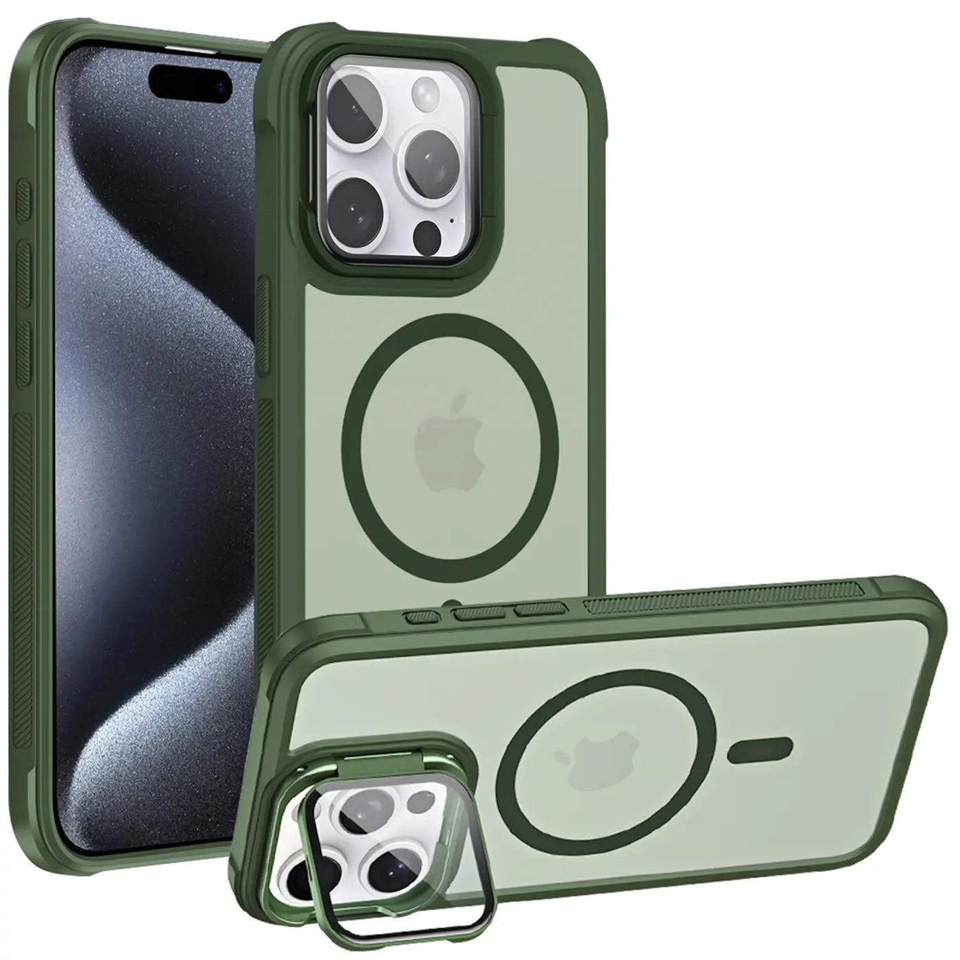 Grüne MagSafe Hülle für iPhone 15 Pro Max, transparent, mit Ständer.