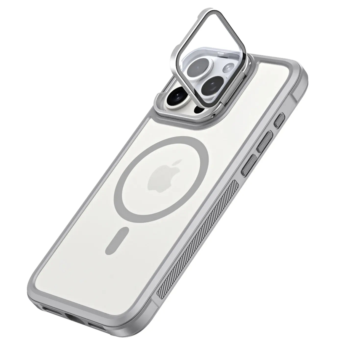 iPhone 15 Pro Max mit transparenter Hülle, silbernem Rahmen, MagSafe und Kamera-Schutzring.