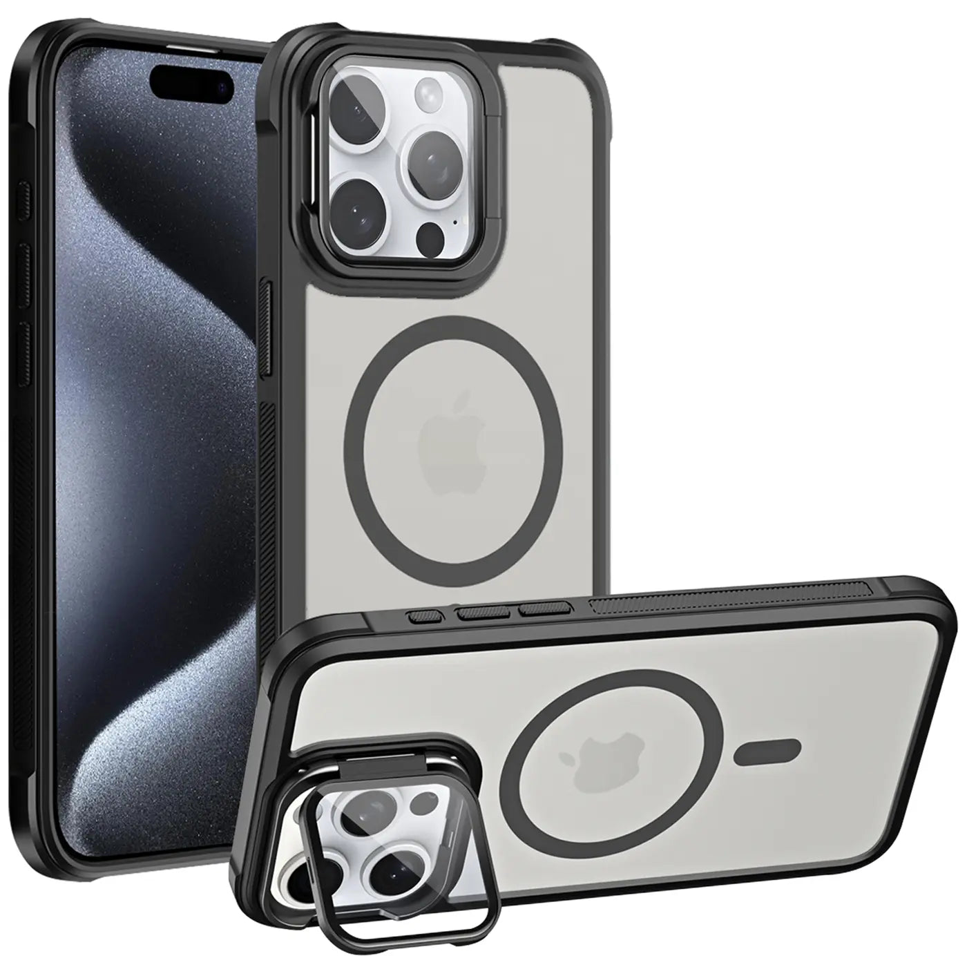 iPhone 15 Pro Hülle, transparent, schwarz, MagSafe, Ständer, Kamera-Glas