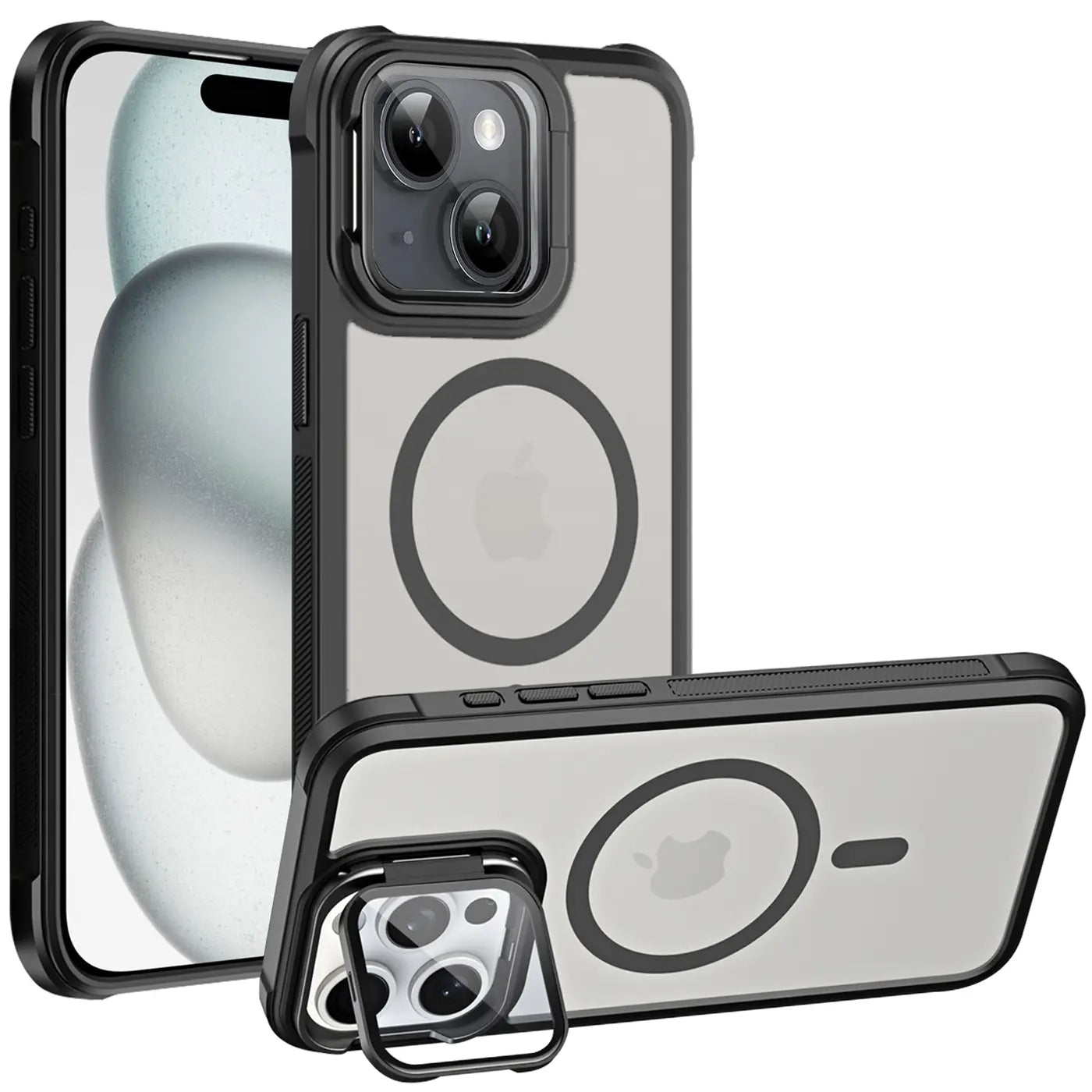 iPhone 15 Hülle, transparent/schwarz, MagSafe, Ständer, Kamera-Glas, 3 Ansichten
