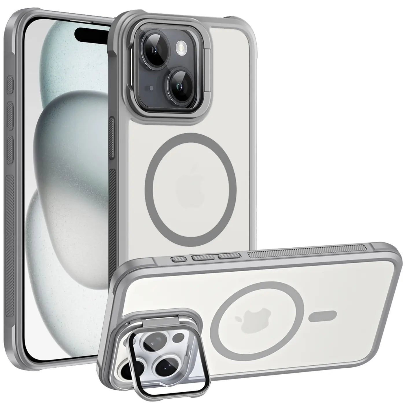 iPhone 15 Hülle, transparent, grau, MagSafe, Ständer, Kameraschutz