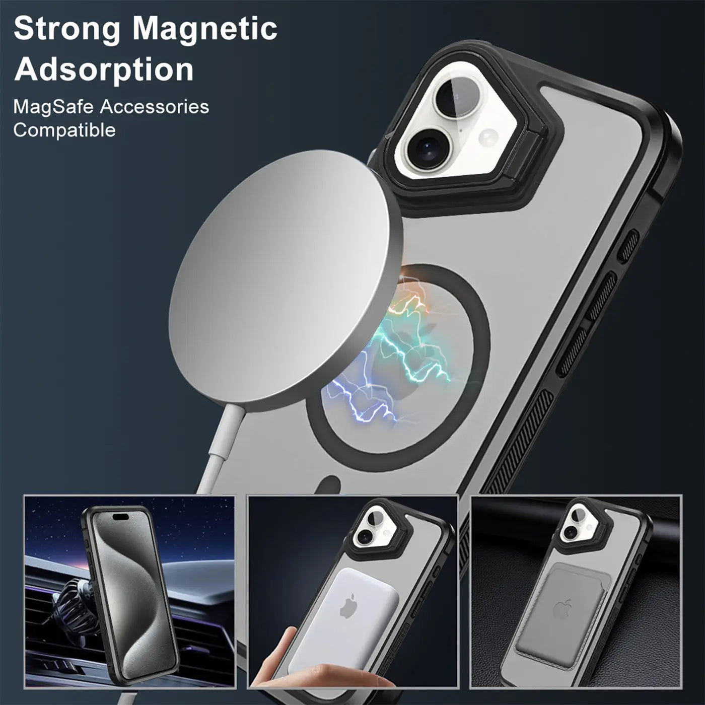 iPhone 16 Plus Hülle, transparent, schwarz, MagSafe, mit Ständer, Rückansicht