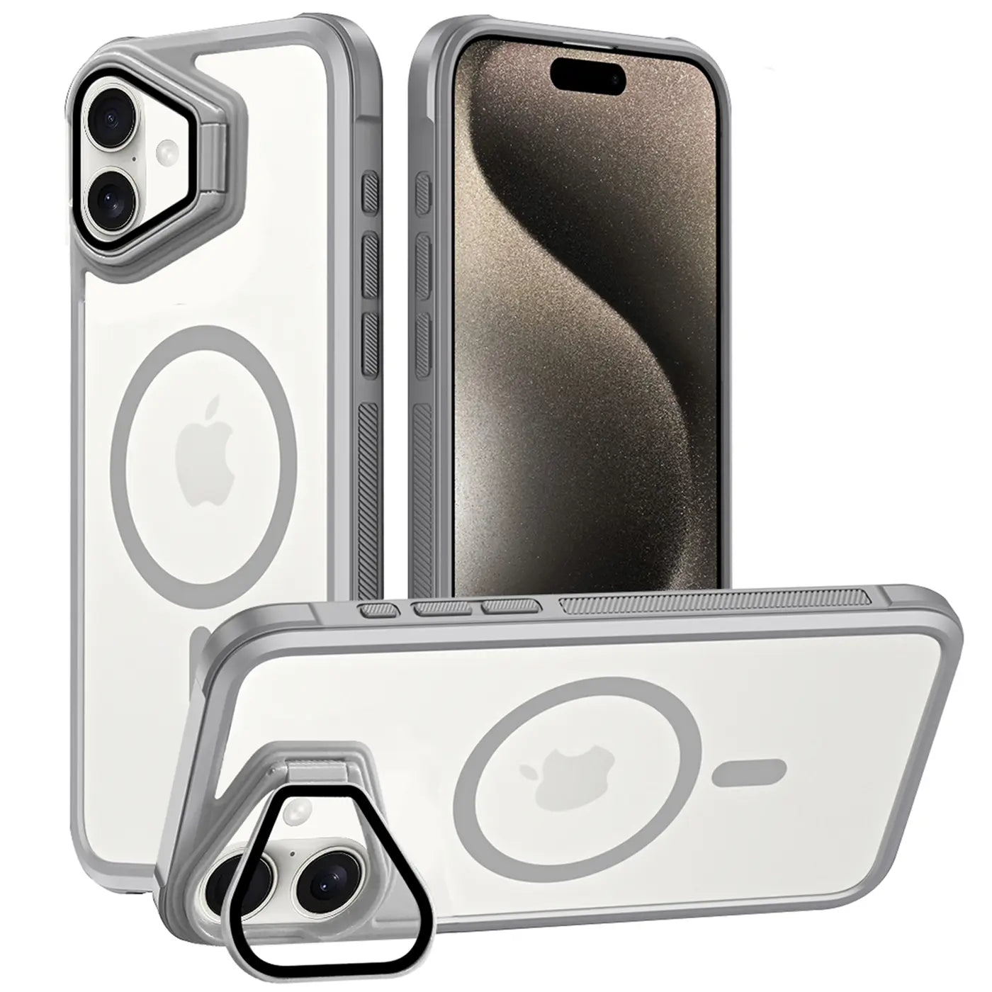 Graue Hülle aus Kunststoff/Silikon für iPhone 16 Plus, MagSafe, Ständer, Kamera-Glas.