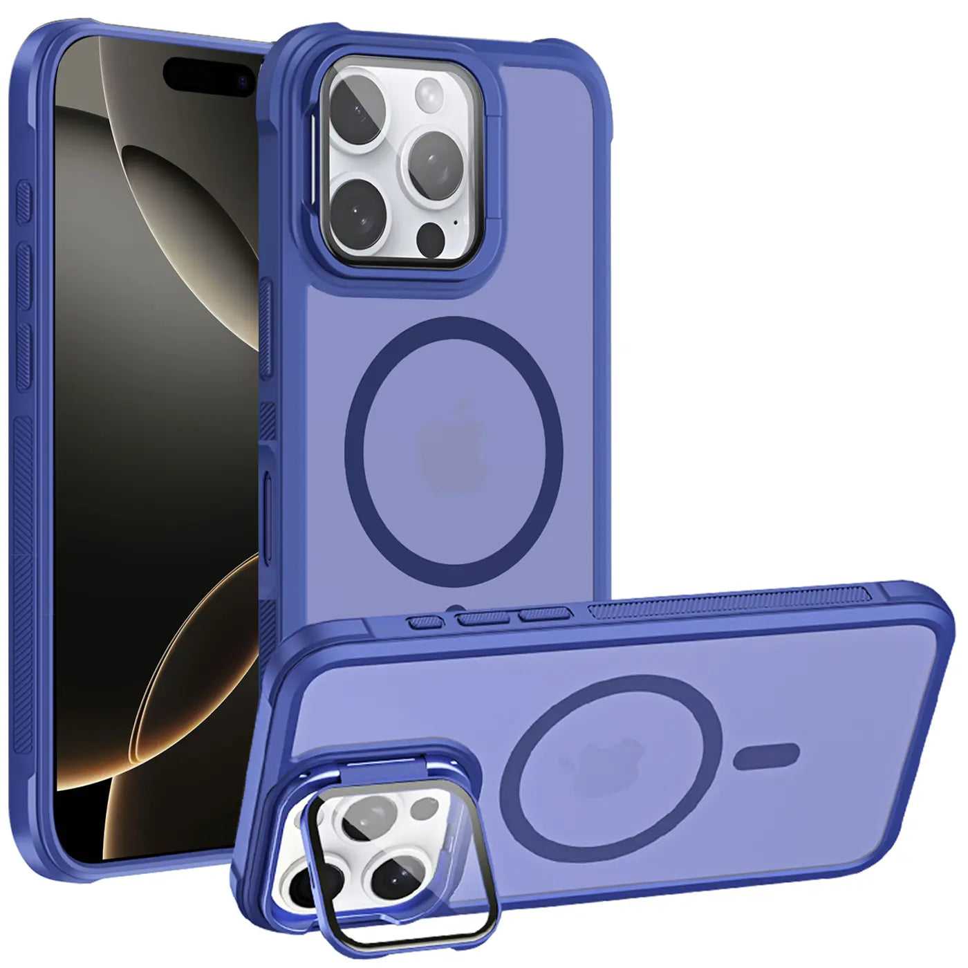 Blaue MagSafe Hülle aus Kunststoff mit integriertem Ständer für iPhone 16 Pro.