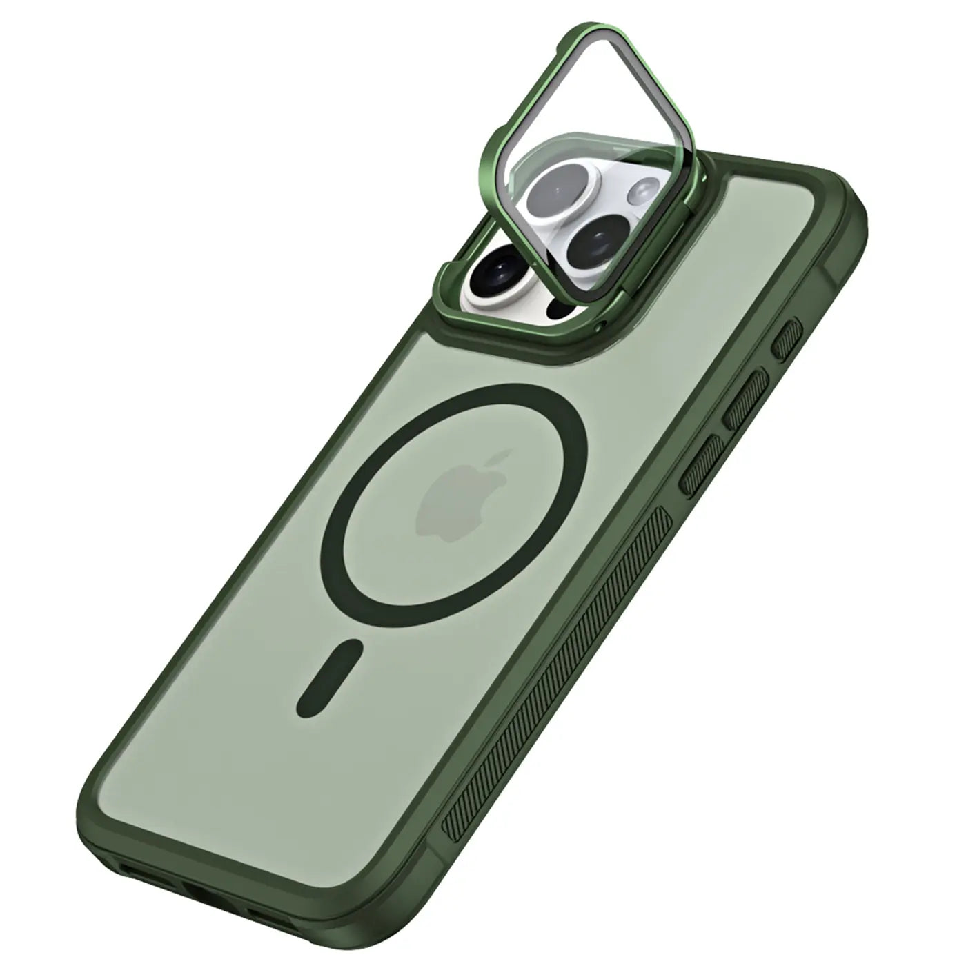 Grüne MagSafe Hülle mit Kamera-Schutz aus Glas auf iPhone 16 Pro, von schräg oben.