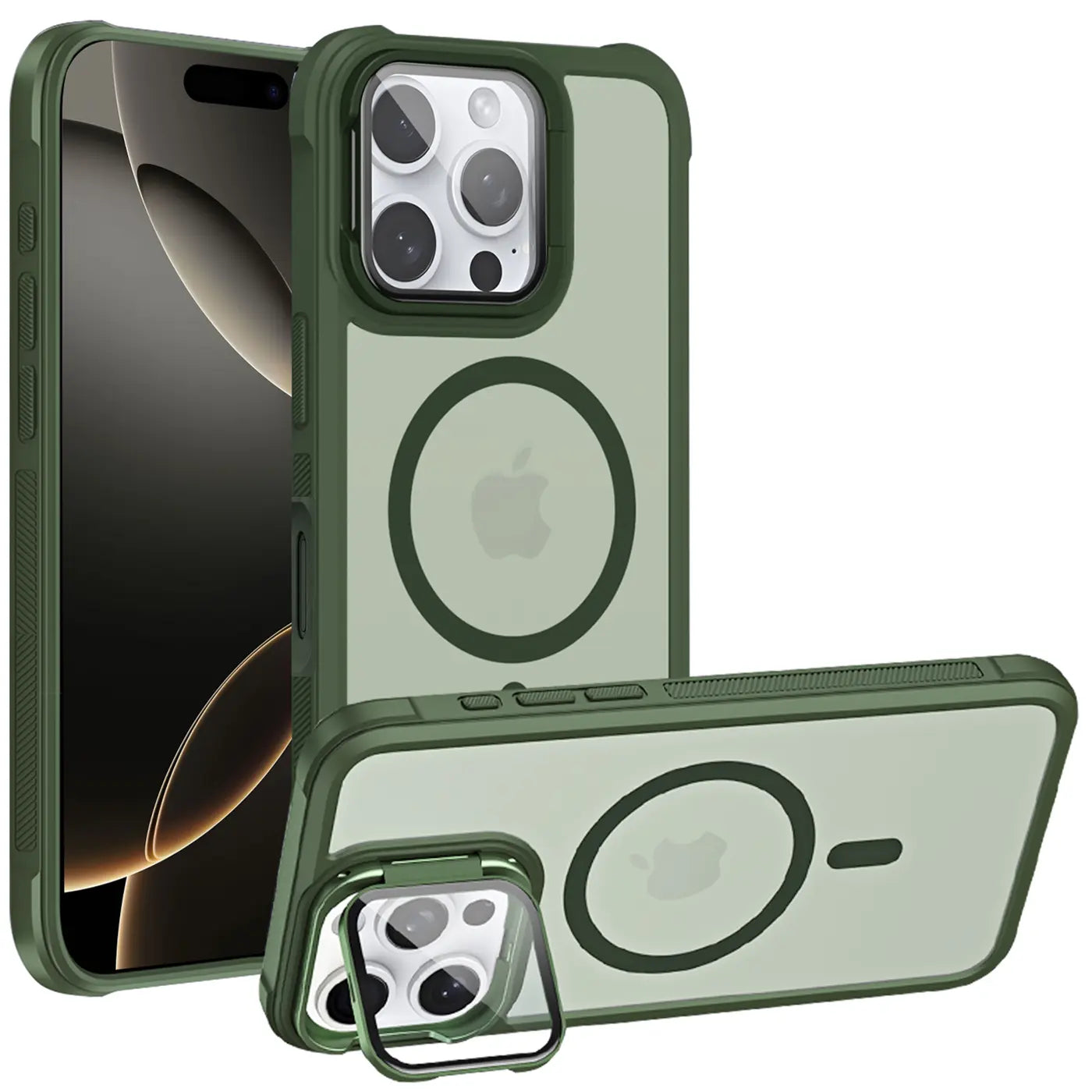 Grüne MagSafe Hülle mit Ständer für iPhone 16 Pro Max, Rückansicht, transparent, Metall, Kunststoff