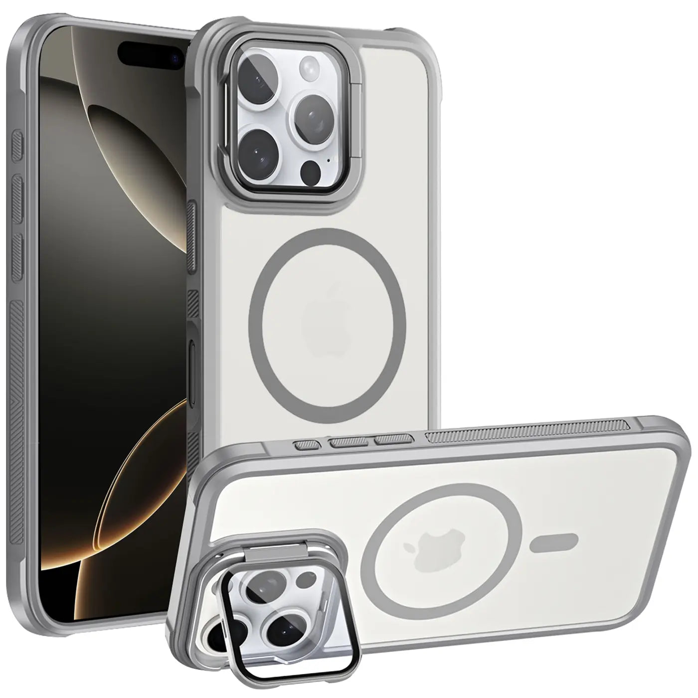 Graue MagSafe Hülle mit Kamera-Glas & Ständer für iPhone 16 Pro Max, aus Kunststoff.