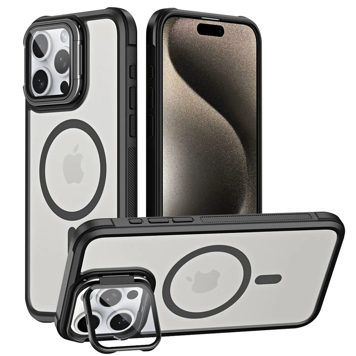 iPhone 16 Pro Hülle, transparent, schwarz, MagSafe, Ständer, Kamera-Glas