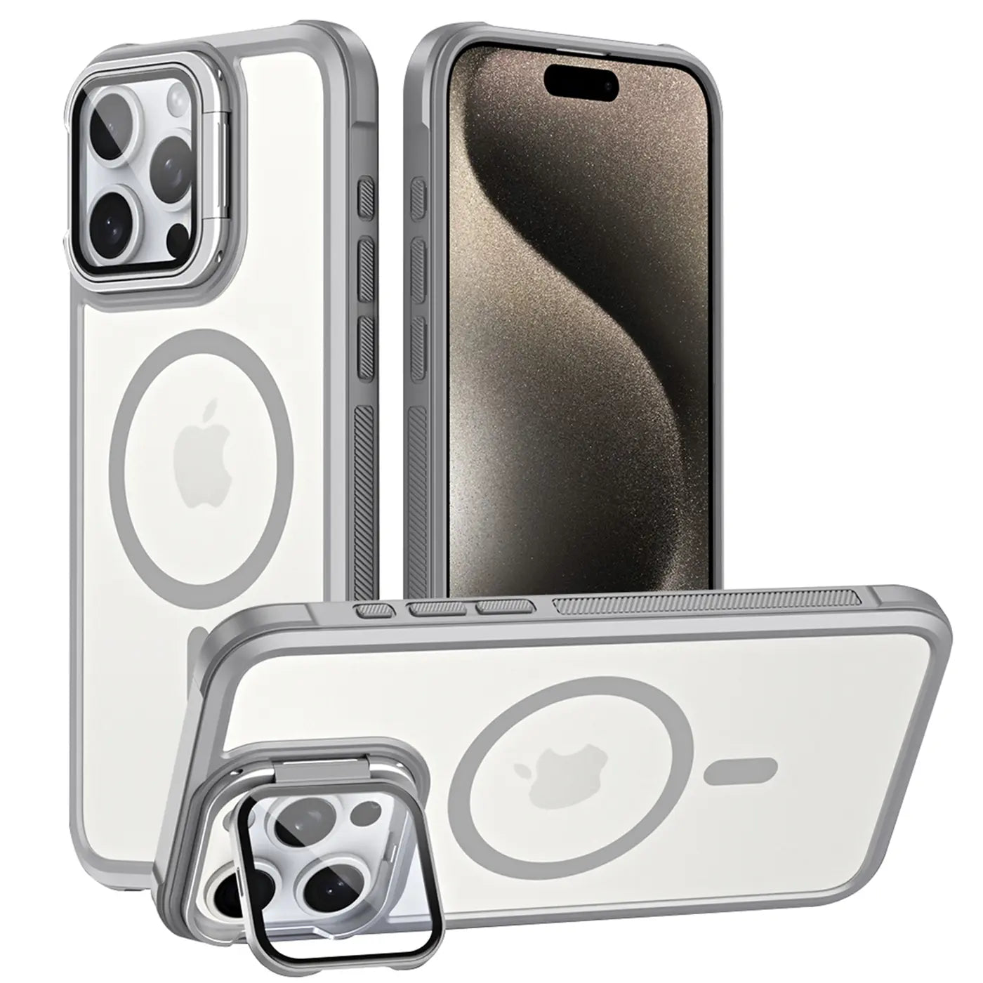 Graue MagSafe Hülle mit Ständer für iPhone 16 Pro, transparent, verschiedene Winkel