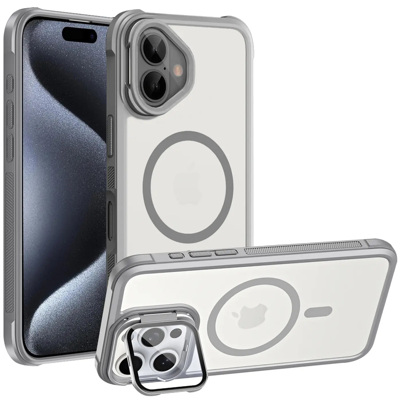 Graue MagSafe Hülle aus Kunststoff mit integriertem Ständer für iPhone 16.