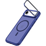 Blaue MagSafe Hülle aus Kunststoff mit integriertem Ständer und Kamera-Glas für iPhone, von oben links