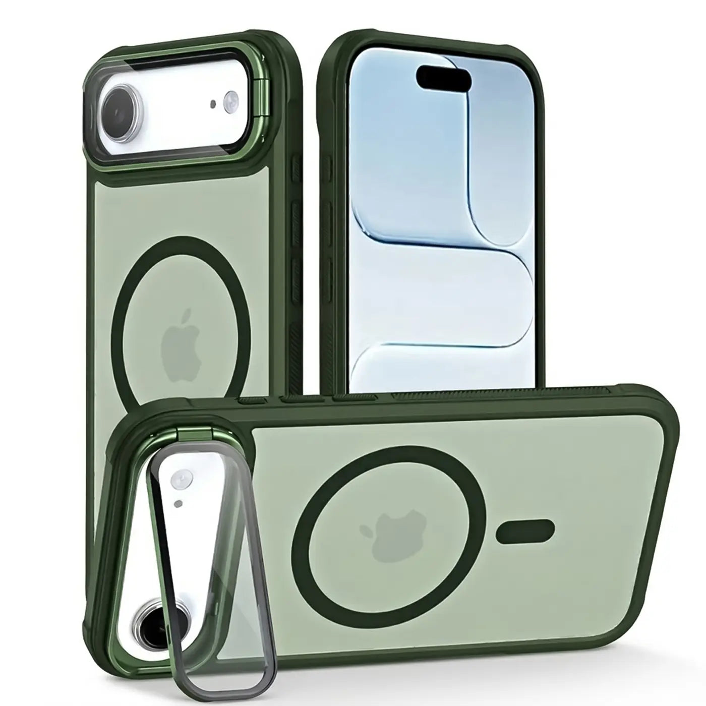 Drei grüne iPhone-Hüllen aus Kunststoff mit MagSafe-Ring und integriertem Ständer.