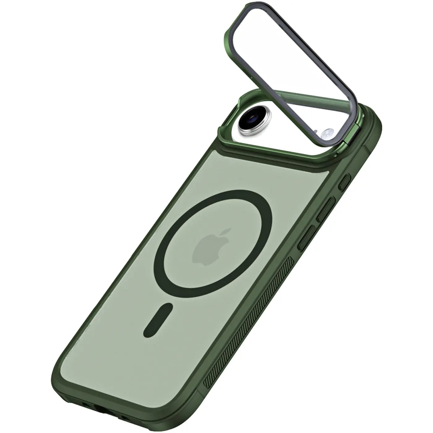 Grüne MagSafe Hülle aus Kunststoff mit ausklappbarem Ständer, zeigt iPhone-Kamera.