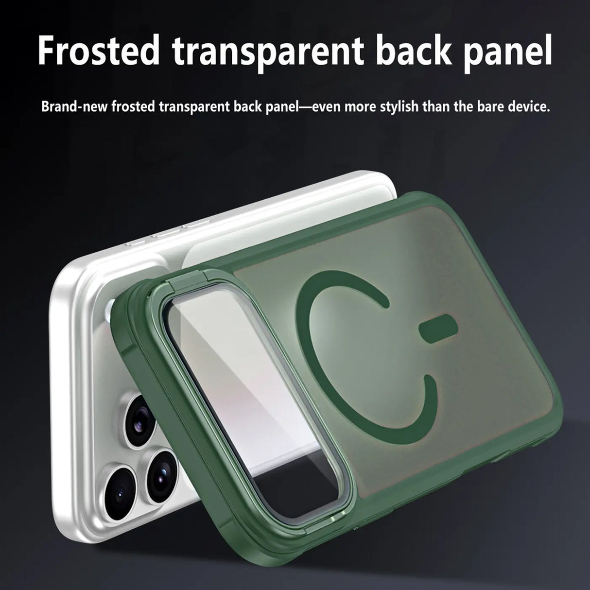 Grüne MagSafe-Hülle, matt-transparent, mit Kamera-Glas, iPhone-Rückseite sichtbar