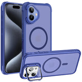 Blaue MagSafe Hülle aus Kunststoff mit integriertem Ständer, zeigt iPhone 14 Pro Kameras.