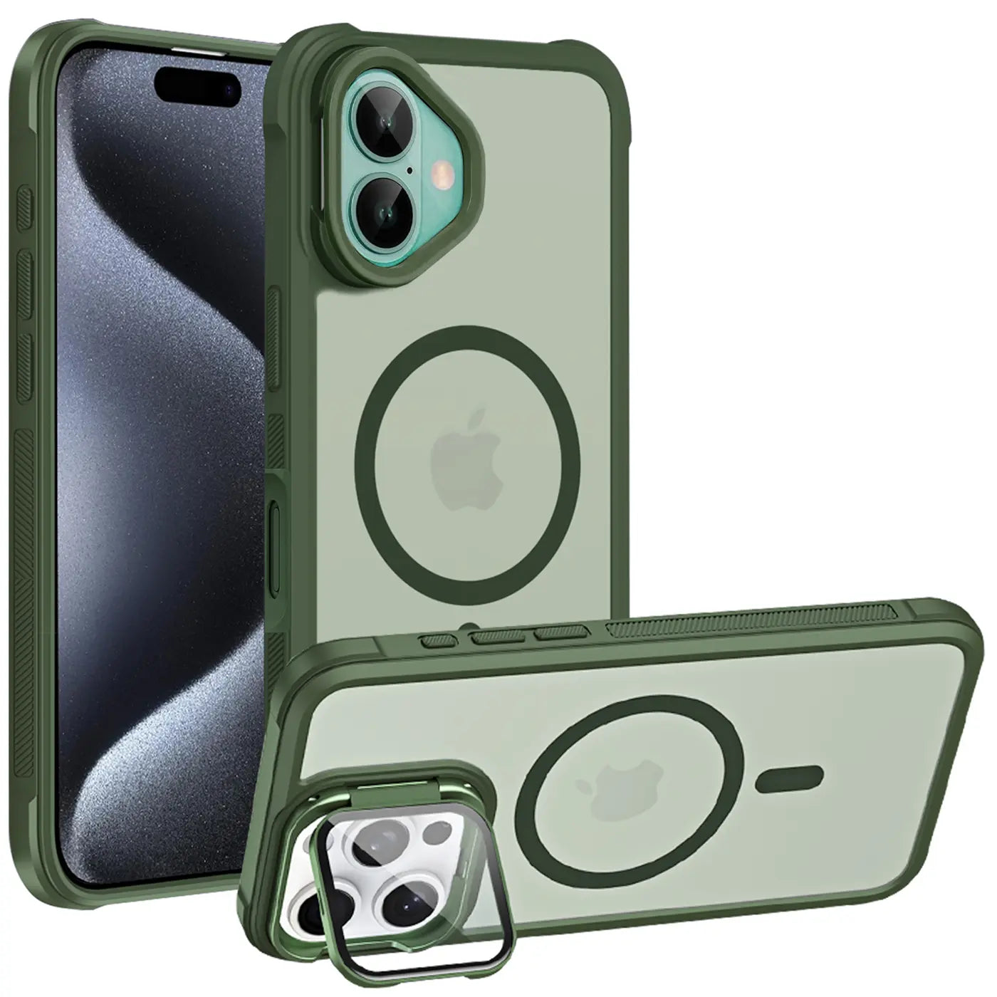 Grüne MagSafe Hülle aus Kunststoff/Glas für iPhone 17, mit Ständer, von vorn und hinten gezeigt.