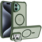 Grüne MagSafe Hülle aus Kunststoff/Glas für iPhone 17, mit Ständer, von vorn und hinten gezeigt.