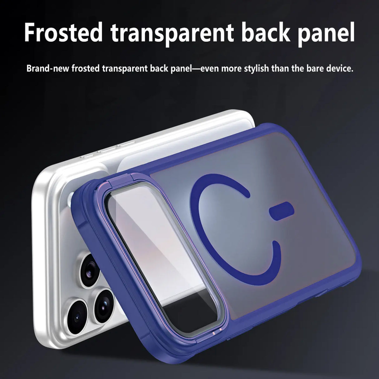 Blaue MagSafe Hülle, matt-transparent, mit Kamera-Glas, iPhone 17 Pro von hinten