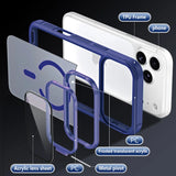 Explodierte Ansicht einer blauen TPU/PC-Hülle mit Kamera-Glas für ein weißes iPhone.