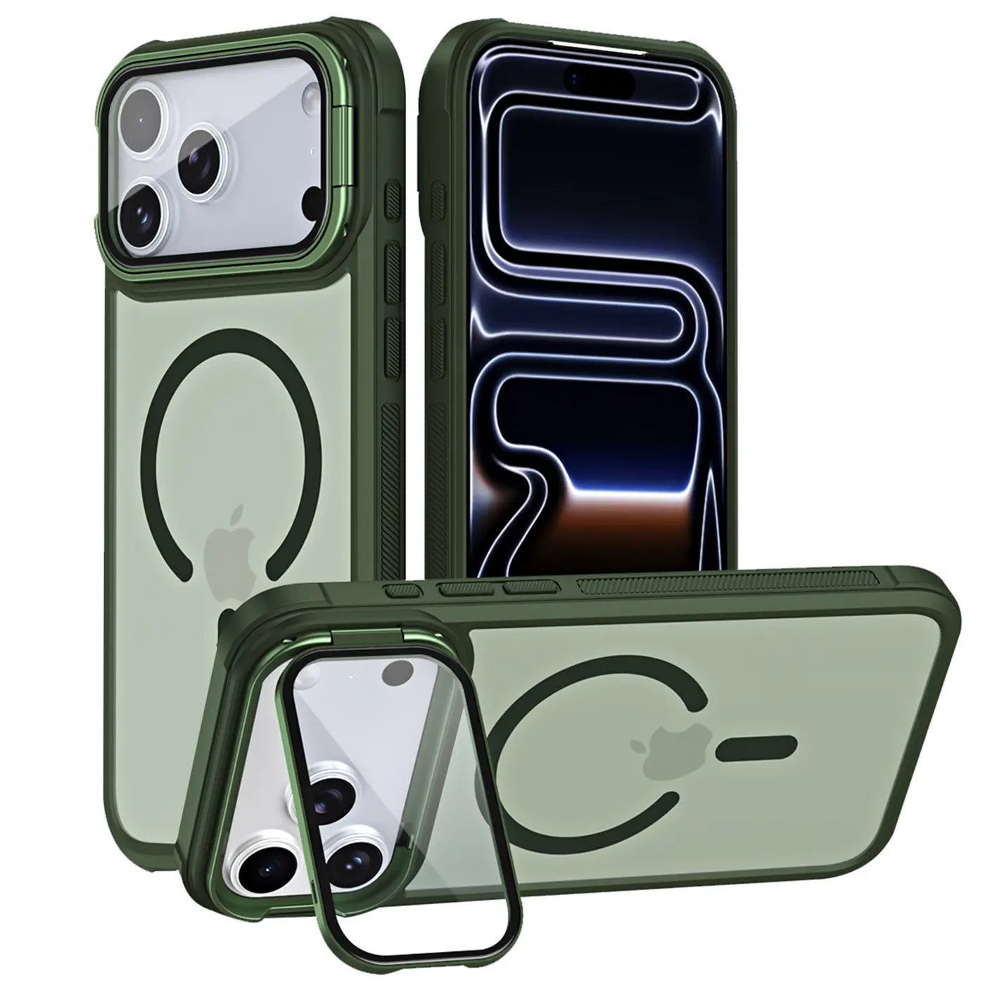 Grüne MagSafe-Hülle mit Ständer für iPhone 17 Pro Max, verschiedene Winkel
