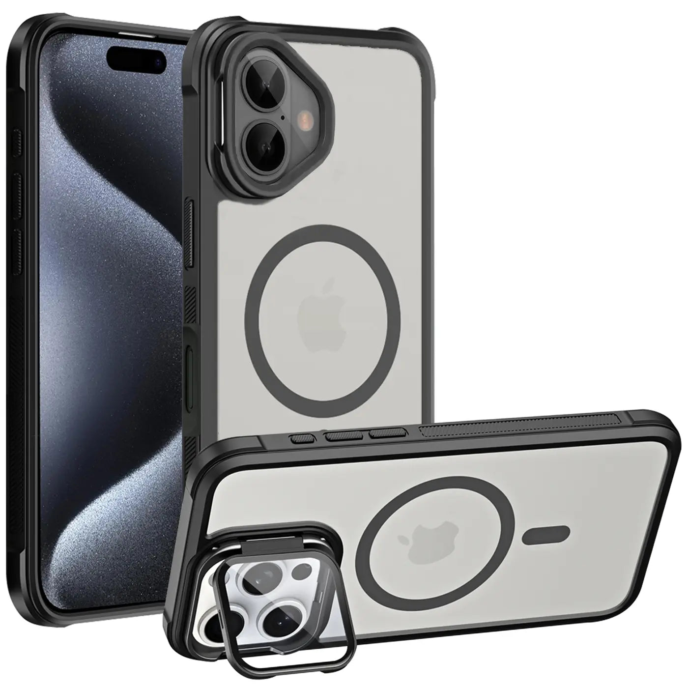 iPhone 17 Hülle, transparent, schwarz, MagSafe, Ständer, Kamera-Glas, 3 Ansichten