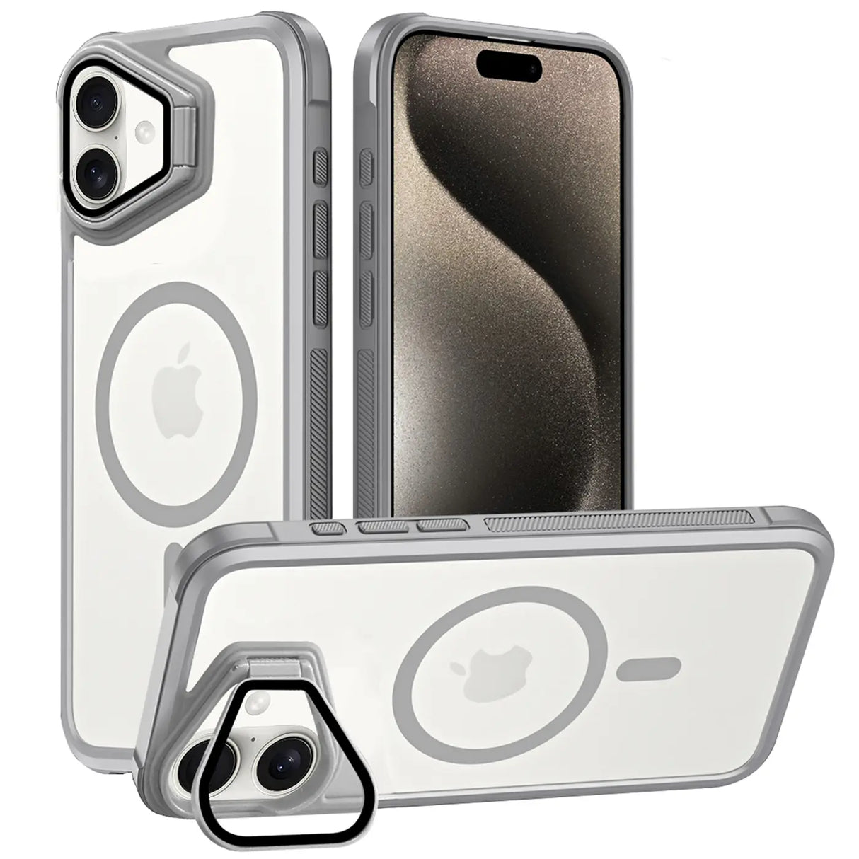 iPhone 17 Hülle, transparent, grau, MagSafe, Ständer, Kamera-Glas. Mehrere Ansichten.