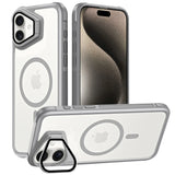 iPhone 17 Hülle, transparent, grau, MagSafe, Ständer, Kamera-Glas. Mehrere Ansichten.