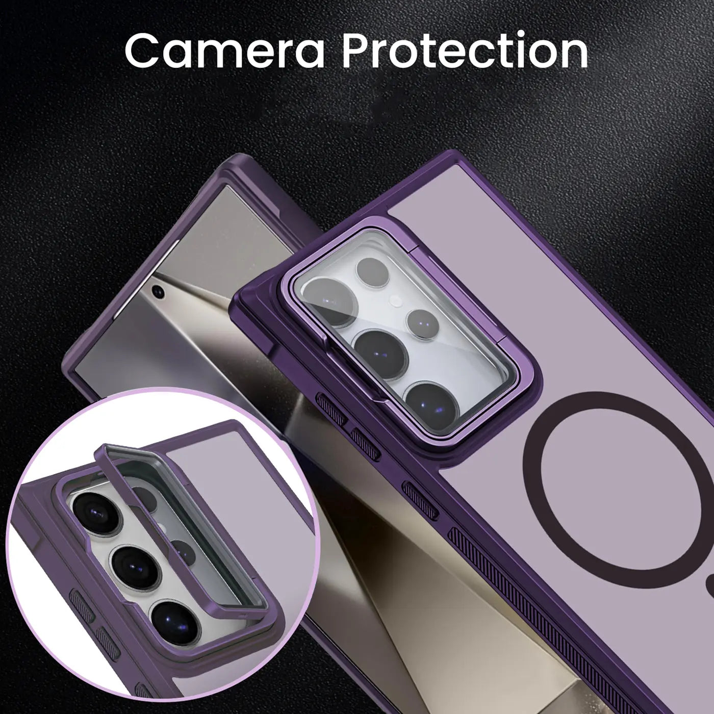Lila MagSafe Hülle mit Kamera-Glas & Ständer für Samsung S21 FE, Draufsicht