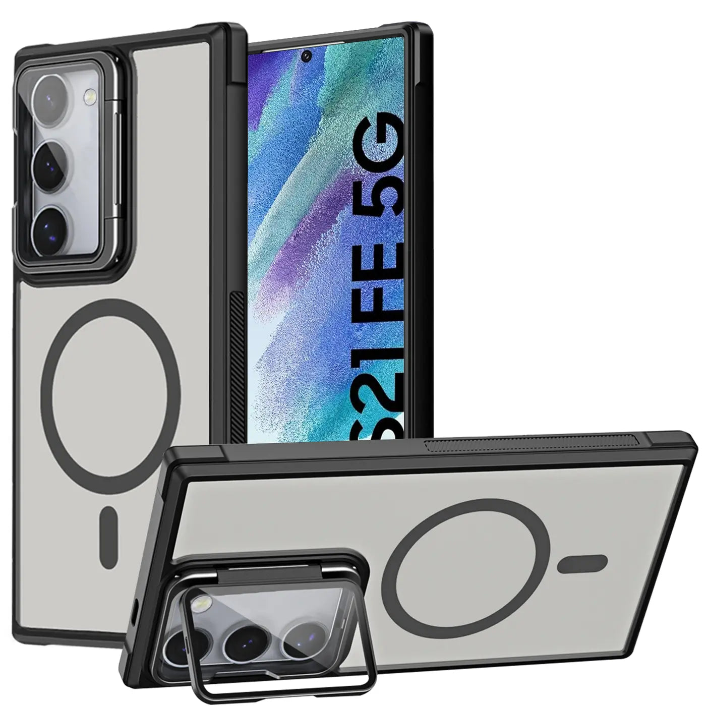 Samsung S21 FE Hülle, transparent/grau, MagSafe, Ständer, Kamera-Glas